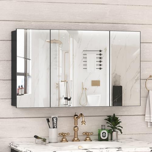 40 x 24 Farmhouse Medicine Cabinet, Tempered Frameless Bathroom Mirror with Storage, Black Recessed or Surface Mount Aluminum Medicine Cabinet for Bathroom Modern-Large - color: Black, size: 40 x 24 IN