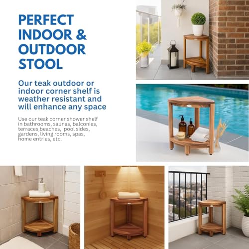 EcoDecors 18" Teak Corner Shower Bench with Shelf, Fully Assembled | Crafted from solid teak wood with natural water resistance for long-lasting durability in wet environments. - size: 2 tier Fully Assembled