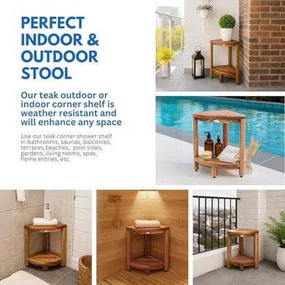 EcoDecors 18" Teak Corner Shower Bench with Shelf, Fully Assembled | Crafted from solid teak wood with natural water resistance for long-lasting durability in wet environments. - size: 2 tier Fully Assembled