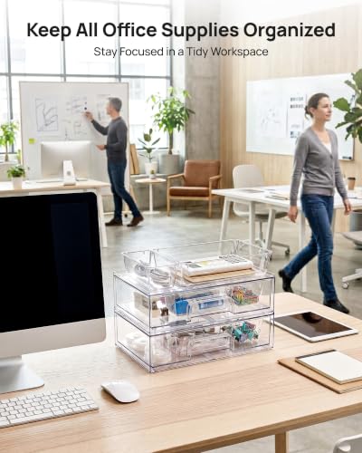 Vtopmart 12-Pack Clear Makeup Organizer Set with Drawer Organizer Bins | 2 Pack Stackable Storage Drawers & 10 Pack Drawer Organizer for Vanity Cosmetic, Bathroom Countertop, Desk - style: 2pack Wide Drawers with bins