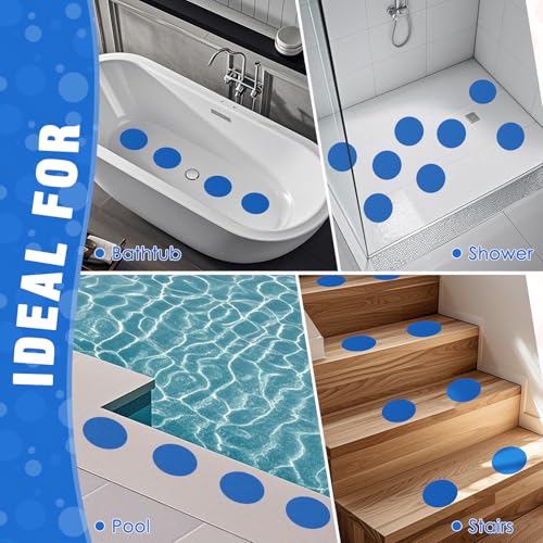 S&X 24 Pcs Non Slip Shower Stickers (Large 4" Round), Blue Anti Slip Grip Decals, High Traction Bathtub Dots, Durable Grit Stickers for Kids & Family Safety with Scraper - color: Blue, size: Round