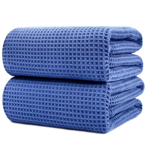 POLYTE 430 GSM Poly Blend Microfiber Waffle Bath Sheet XL Set, 35x70 in | 2 Pack, Oversize, Lint Free, Quick Dry - color: Royal Blue, size: 35 x 70 in