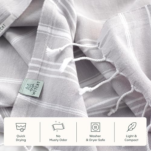 WETCAT Turkish Hand Towels with Hanging Loop, Set of 2 (20" x 30") 100% Turkish Cotton, Pre-Washed, Quick Drying, for Kitchen or Bathroom - Light Grey - color: Light Grey