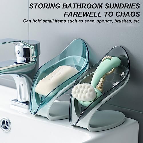 H&W 2Pcs Self Draining Soap Holder,Suction Cup Soap Dish,Shower Soap Bar Holder,Leaf Shape Soap Holder,Soap Dish Dispenser for Shower, Bathroom, Kitchen Sink (Grey + Blue)