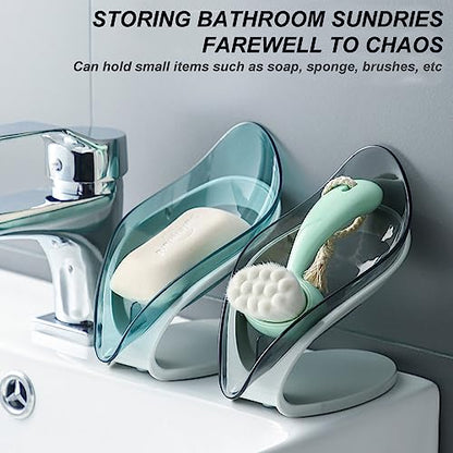 H&W 2Pcs Self Draining Soap Holder,Suction Cup Soap Dish,Shower Soap Bar Holder,Leaf Shape Soap Holder,Soap Dish Dispenser for Shower, Bathroom, Kitchen Sink (Grey + Blue)