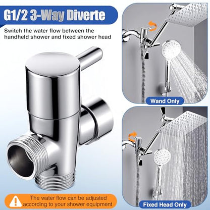Dreyoo 3 Way Shower Head Splitter Kit, Brass G1/2 Diverter Valve with 118 Inch Stainless Steel Hose, Universal Shower Diverter for Dual Heads, Includes PTFE Tape - size: 118 in