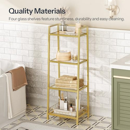 HOOBRO Gold Glass Shelf Stand, 4 Tier Standing Shelf Unit, Bathroom Organizer and Storage, Floor Storage Shelves Waterproof, for Bathroom, Laundry, Toilet, Tempered Glass, Gold GD79CJ01 - size: 15" L x 11.8" W x 42.1" H