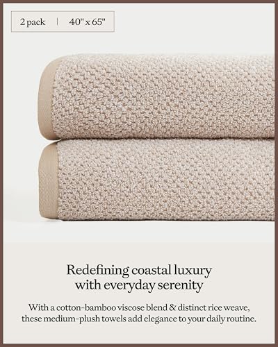 Cozy Earth Nantucket 60% Cotton 40% Viscose from Bamboo Bath Sheet | 600 GSM Plush and Fast-Drying with Rice Weave Pattern, 2 Pack 40" x 65" Luxury Bath Sheet, Sand - color: Heathered Sand, size: Bath Sheet