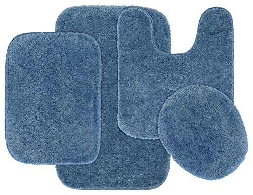 Garland Rug Traditional Nylon Washable Basin Blue 4 Piece Set - Lid, Contour, 2 Bath Rugs - Soft, Absorbent, and Stylish for Your Bathroom - color: Basin Blue, size: 4 Piece Set - Lid, Contour, 2 Bath Rugs