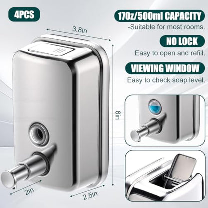 4 Pcs Commercial Soap Dispenser Wall Mount Set 17 Fl oz Stainless Steel Manual Liquid Pump Rust Proof Leak Free Liquid Sanitizer Dispenser for Bathrooms Kitchens