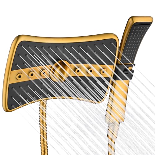 BRIGHT SHOWERS Dual Shower Head with Handheld, High Pressure Rainfall Shower Head Combo, 60-Inch Stainless Steel Hose, Brushed Gold - color: Brushed Gold, size: 1.8 Gallon Per Minute