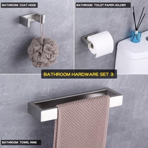 GERZWY Contemporary Stainless Steel Wall Mounted 3-Piece Bathroom Hardware Set - Towel Rings Toilet Paper Holder Towel Hooks, Brushed Finish HG1708-3LS - color: Brushed
