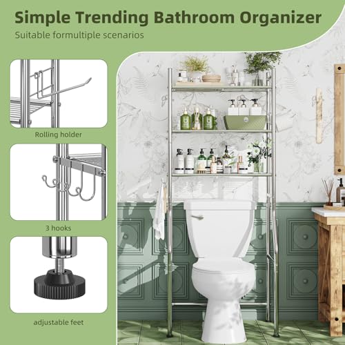 Simple Trending 3 Tier Over The Toilet Rack, Bathroom Shelves with 4 Hooks and Paper Holder, Bathroom Stand Organizer Space Saver, Chrome - color: Silver