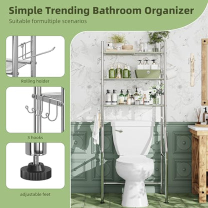 Simple Trending 3 Tier Over The Toilet Rack, Bathroom Shelves with 4 Hooks and Paper Holder, Bathroom Stand Organizer Space Saver, Chrome - color: Silver