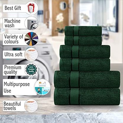 6 Piece Cotton Bath Towel Set -2 Bath 2 Hand 2 Face, Dark Green | 100% Cotton • Thick & Plush • Hotel Quality • Ultra Soft • Highly Absorbent • Quick Dry • Low Lint • Machine Washable - color: Forest Green