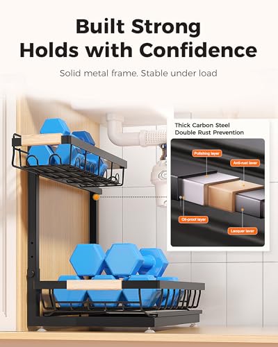 3-Pack 2-Tier Height Adjustable Under Sink Organizer, Black | Multi-purpose metal storage shelf with sliding shelves for kitchen, bathroom, pantry & laundry cabinet - color: Black