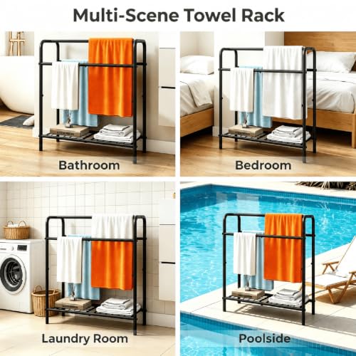Freestanding Towel Rack, 3 Tier Metal Towel Holder with Storage Shelf, Standing Bathroom Towel Rack for Large Bath Towels, Blanket Rack Organizer for Bedroom, Poolside,Black