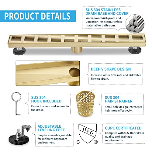 Linear Shower Drain 36 Inch, Professional Brushed SUS-304 Stainless Steel Shower Drain, 51L/Min Fast Drainage Floor Linear Drain, US Standard CUPC Certified, Zirconium Gold, SD-109 - color: Zirconium Gold, size: 36 Inch