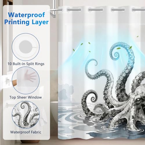 Giant Octopus Shower Curtains for Bathroom, No Hook Shower Curtain with Mesh Top Window and Detachable Liner, 71x74 Inch Waterproof Fabric Ocean Shower Curtain with Built-in Rings and Weighted Bottom - color: Giant Octopus