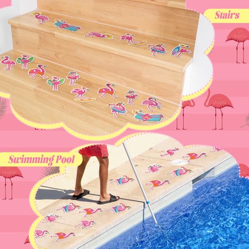 Yaomiao 24 Pcs Flamingo Non Slip Bathtub Stickers with Scraper | Shiny, Sparkle, Glitter, Peva, 4.53inch, Easy Apply, No Residue, for Bathroom, Shower Stairs Floor, Safety, Cute, Grip - style: Flamingo