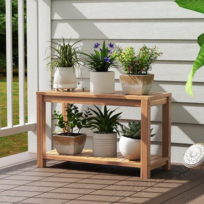 Giantex Teak Shower Bench with Shelf, 30 Inch Shower Stool with Slatted Seat for Elderly Seniors, Waterproof Bathroom Spa Bathing Seat Foot Rest Entryway Bench for Indoor and Outdoor Use - size: 30" x 12.5" x 18"