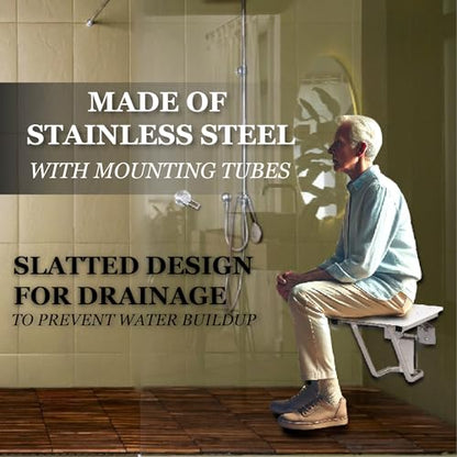 Folding Shower Seat - ADA Wall Mount Bench for Inside Shower / Bathroom Assist / 304 Stainless Steel / High Density HDP / Right / 28" x 21" - size: 28 Right