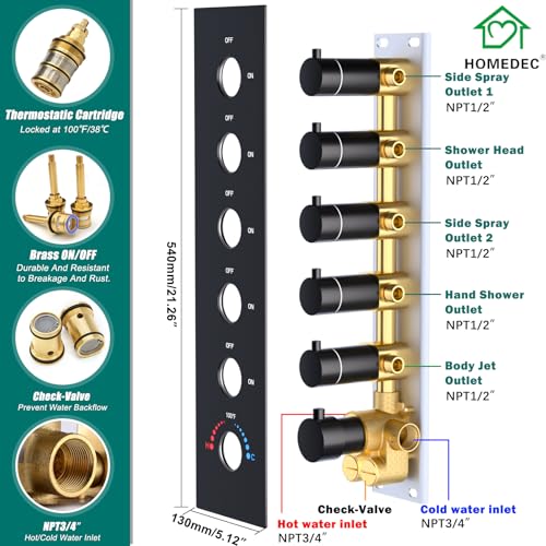 HOMEDEC Multi-Function Shower System with LED 14x20inch and Dual 6" Shower Heads, 5 Way Thermostatic Diverter Valve Shower Faucet Set, Black - color: Black, style: 5-Way + 2x 6" Top