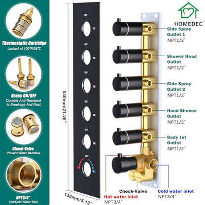 HOMEDEC Multi-Function Shower System with LED 14x20inch and Dual 6" Shower Heads, 5 Way Thermostatic Diverter Valve Shower Faucet Set, Black - color: Black, style: 5-Way + 2x 6" Top