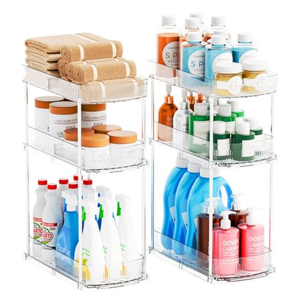 2 Pack 13.8″ Deep 3 Tier Under Sink Storage Organizer,Large Pull Out Bathroom Organizers and Storage,Slide Out Acrylic Undersink Storage Shelf,Kitchen Under Sink Organizer for Cleaning Products - style: 2 Pack-3 Tier