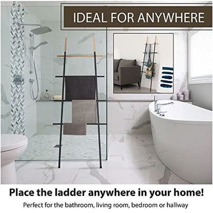 Freestanding Towel Ladder Rack, Space Saving, No-Scratch Wood, for Household Use (Black) - color: Black