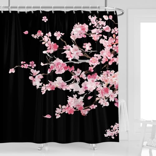 Floral Standard Shower Curtain, Japanese, 12 Hooks, 72" W x 72" L | Black Pink Sakura Pattern, Gothic Cherry Blossom Art, Romantic Nature Style, Cute Girly Aesthetic, Bathroom Decor - color: Pink Black, size: 72"W x 72"L (Pack of 1)