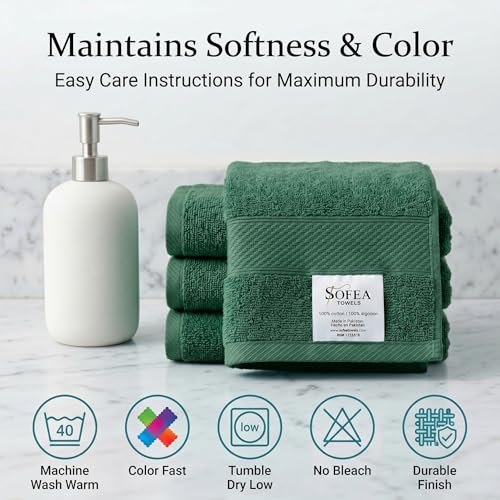 Sofea 100% Cotton Washcloths Set of 12, (12 x 12 Inch) 520 GSM Wash Cloths, Extra Soft Absorbent Quick Dry Face Towels - color: Forest Green