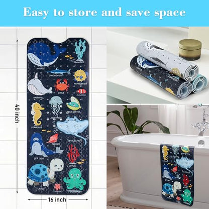 Secopad Bathtub Mat Non Slip, Cute Tub Mat, 40" x 16", Navy Sea Animals | Rectangular, Anti-Slip, Machine Washable, with Drain Holes and Suction Cups,For Bathtub and Shower Floor, for Toddler & Kids - color: Navy Sea Animals