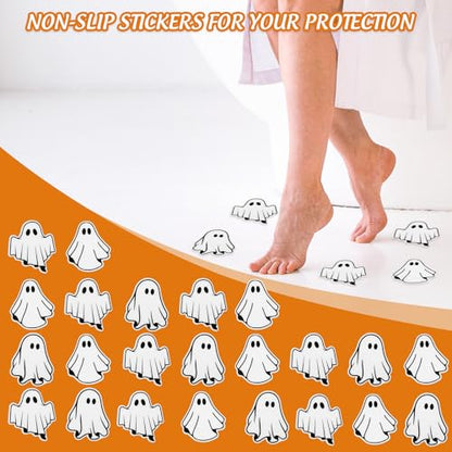 JarThenaAMCS 24 Pcs Halloween Non Slip Bathtub Sticker with Scraper White Groovy Ghost Anti Slip Shower Tread Adhesive Shower Decal for Bathroom Floor Decoration