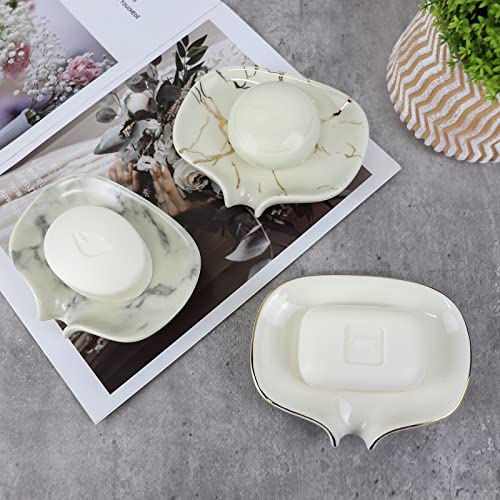White Soap Dish Ceramic Self Draining Soap Dish Waterfall Slot Gold Edge Bathroom Accessories for Bathroom, Kitchen,Bar Counter - color: White