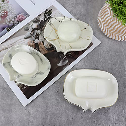 White Soap Dish Ceramic Self Draining Soap Dish Waterfall Slot Gold Edge Bathroom Accessories for Bathroom, Kitchen,Bar Counter - color: White