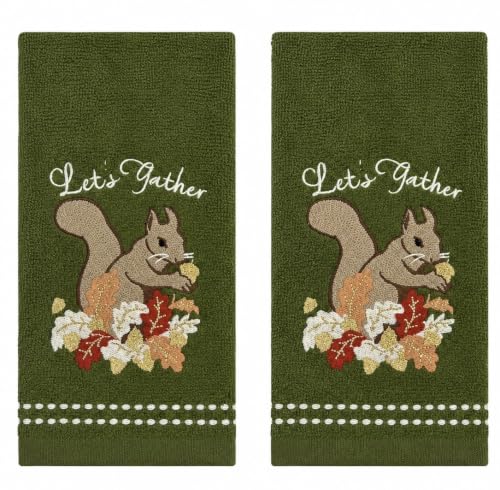 Serafina Home Autumn Fall Fingertip Towels for Bathroom – Set of 2 Forest Olive Green 100% Cotton with Embroidered “Let’s Gather” Squirrel Design – 12" x 18" Decorative Bath & Kitchen Towels - color: Gather Squirrel