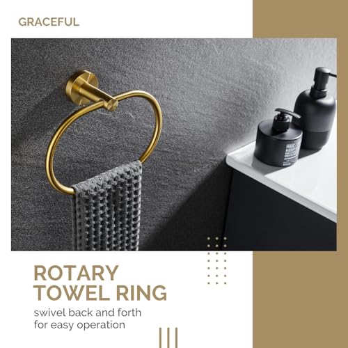 Angle Simple Bathroom Hardware Set Brushed Dark Gold, 4-Piece | SUS304 Stainless Steel Bathroom Fixtures Accessory Kit with Towel Hook x 2, Toilet Paper Holder and Rotary Towel Ring - color: Brushed Dark Gold