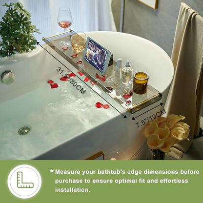 Acrylic Bathtub Tray Caddy, Clear Bath Shelf Tub Rack with Golden Handle | Transparent Black Luxury Bathroom Organizer Tablet Holder for Soap Perfume Skincare, Bath Accessory, Easy to Clean - color: Transparent Black With Handle