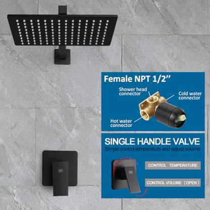 Matte Black Shower Faucet Set, Bathroom Rainfall Shower System with Stainless Steel Metal Showerhead, Single Function Shower Trim Kit with Rough-in Valve - color: Black, size: 12 Inch (Wall Mount)