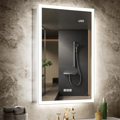 20x32 Medicine Cabinet Mirror with Double Lights & Clock, Front+Backlit Surface or Recessed Fogless Lighted Medicine Cabinet Mirror, 155°Soft-close Right Hinge,Time-Display,Outlet,Inner Light - size: 20x32'' (Right Hinge)