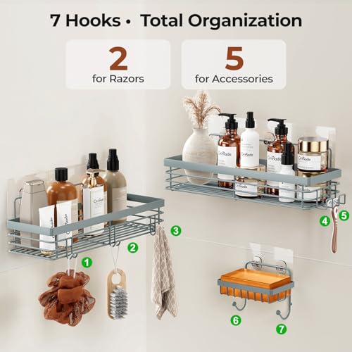 Orimade Adhesive Shower Caddy Soap Dish Holder Shelf with 5 Hooks Bathroom Organizer Basket Kitchen Storage Rack Wall Mounted No Drilling Stainless Steel - 3 Pack, Light Blue Grey - color: Light Blue Grey - 3 Pack