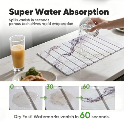 Stone Drying Mat for Kitchen Counter, Quick Diatomaceous Earth Mats for Dishes, 24"L x 16" W Super Absorbent Fast-Drying Collapsible Countertop Stone Mat (Marble White-06, 24" x 16") - color: Marble White-06