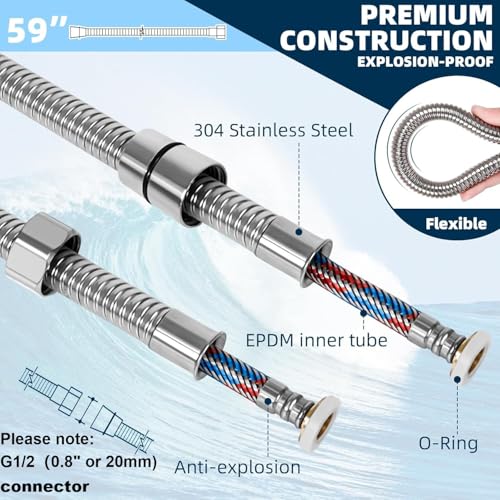 59 Inches Shower Hose,Bidet Hose,Chrome | 304 Stainless St304 Stainless Steel, Handheld Shower Hose, G1/2 Thread Interface (0.8" or 20mm) - color: Chrome