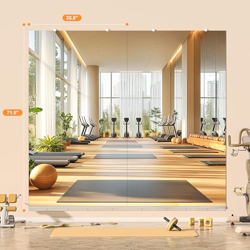 Hasipu Home Gym Mirror, 72"x36" Each, 1-Pack Frameless Wall Mounted Mirrors with Glass Clamps & 1 Aluminum Rail, Large Body Mirror for Home Gym, Yoga Studio, Bedroom, Silver Tempered Glass - size: 72"L x 36"W