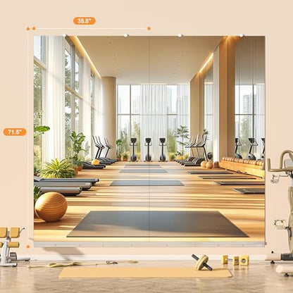 Hasipu Home Gym Mirror, 72"x36" Each, 1-Pack Frameless Wall Mounted Mirrors with Glass Clamps & 1 Aluminum Rail, Large Body Mirror for Home Gym, Yoga Studio, Bedroom, Silver Tempered Glass - size: 72"L x 36"W