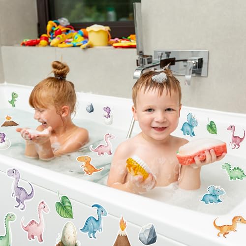 Whaline 30 Pcs Non Slip Bathtub Sticker Dinosaur Bathroom Anti Slip Shower Tread with Scraper Adhesive Bath Tub Decals for Kids Shower Floor Decor
