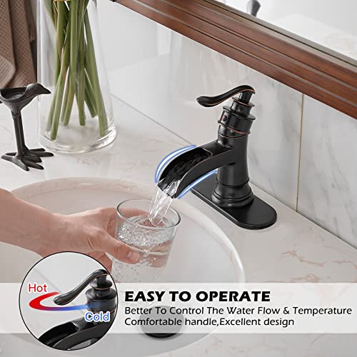 BWE Oil Rubbed Bronze Waterfall Bathroom Faucet, Solid Brass, 1.2 GPM | Waterfall Spout, Ceramic Cartridge, California-Compliant, Fits 1 or 3-Hole Sinks, Handware Included, Single Handle - color: Bronze