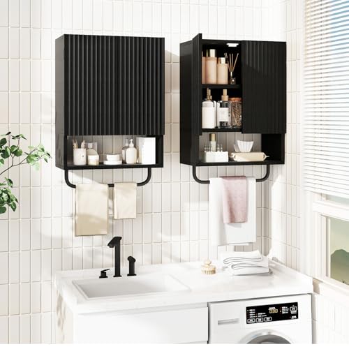 IBUYKE Bathroom Wall Cabinet Over Toilet Cabinet for Bathroom UWBS003B | with Doors and Adjustable Shelf, Towel Bar, Wall Mounted, for Laundry Room & Living Room Kitchen, Black,Modern - color: Black