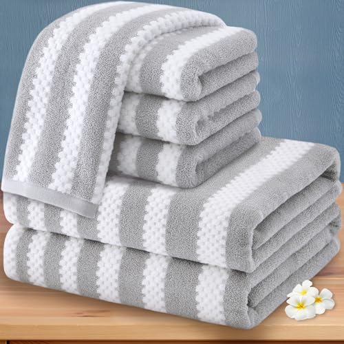 Gray and White Towels, 4 Hand 16"x27", 2 Bath 28"x52" - Cotton | Quick Dry | Lightweight, 6PCS Waffle Towel Set, Grey Striped Towels Bathroom, Luxury Towel Gift Set, Stripe and Checkered - color: Grey and White, size: 6 PCS Towel Set